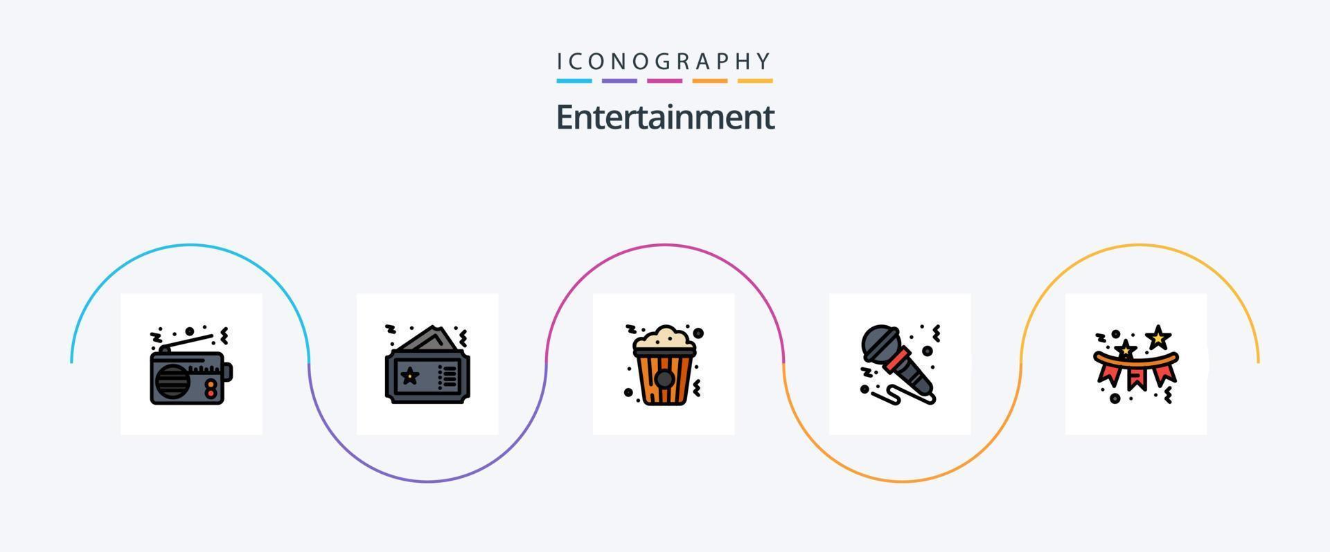 paquete de iconos de 5 planos llenos de línea de entretenimiento que incluye música. micrófono cine. micrófono. merienda vector