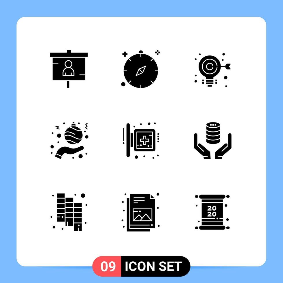 9 Universal Solid Glyph Signs Symbols of hand christmas navigation ball aim Editable Vector Design Elements