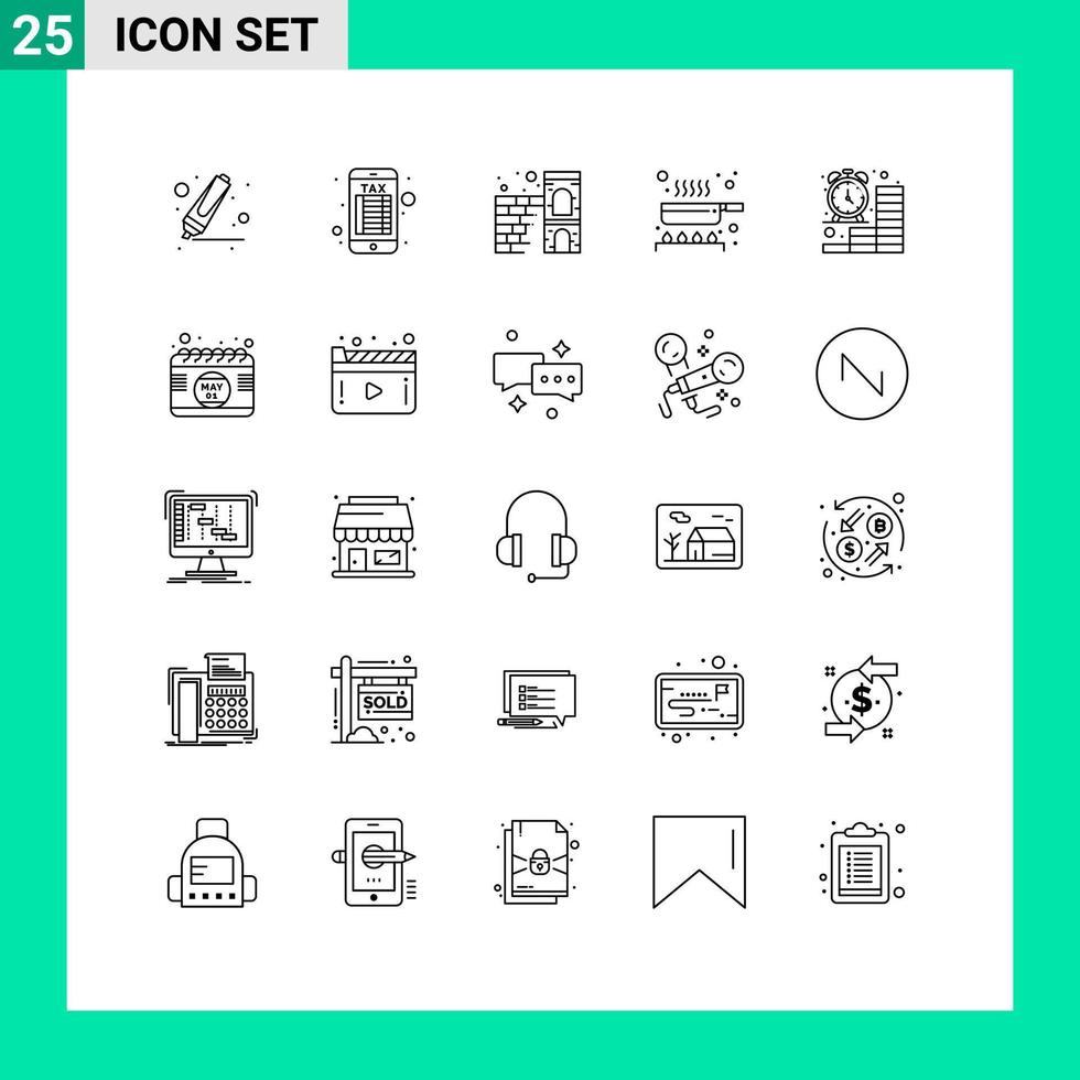 Mobile Interface Line Set of 25 Pictograms of finance clock firewall business frying pan Editable Vector Design Elements