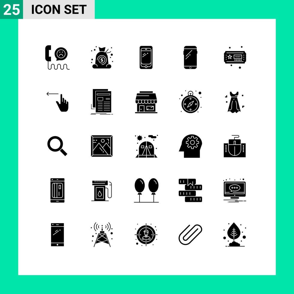 Mobile Interface Solid Glyph Set of 25 Pictograms of finger hobbies finance ticket huawei Editable Vector Design Elements