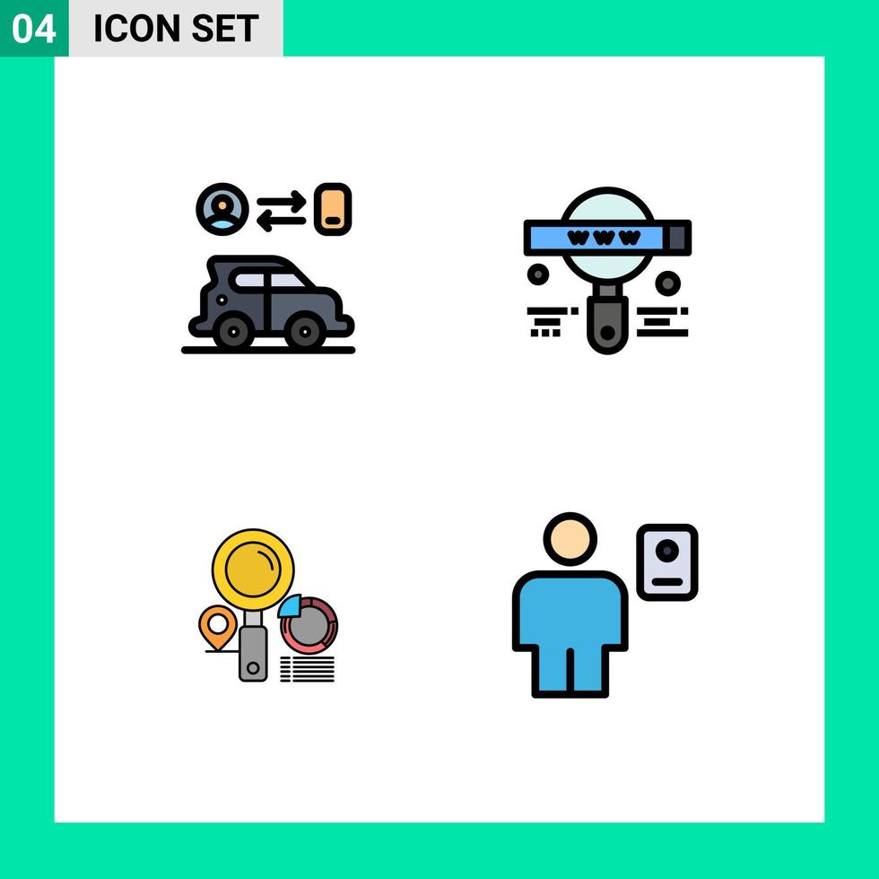 Mobile Interface Filledline Flat Color Set of 4 Pictograms of car location technology search graph Editable Vector Design Elements