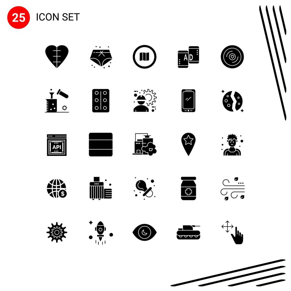 Group of 25 Modern Solid Glyphs Set for heart marketing google mobile advertisig advertising Editable Vector Design Elements