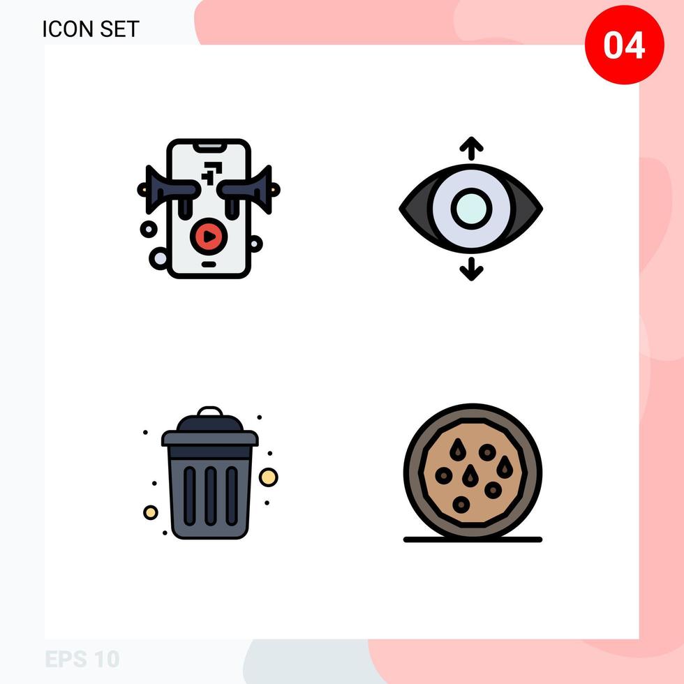 4 User Interface Filledline Flat Color Pack of modern Signs and Symbols of marketing recycle eye dustbin snack Editable Vector Design Elements