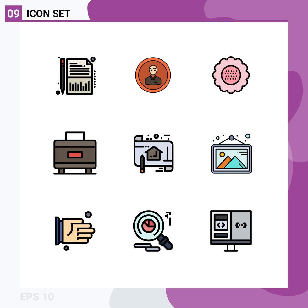 Pack of 9 Modern Filledline Flat Colors Signs and Symbols for Web Print Media such as suitcase spring person nature floral Editable Vector Design Elements