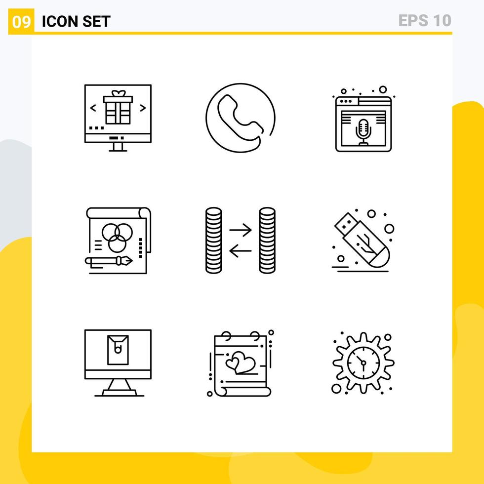 Set of 9 Commercial Outlines pack for paper rgb internet card web Editable Vector Design Elements
