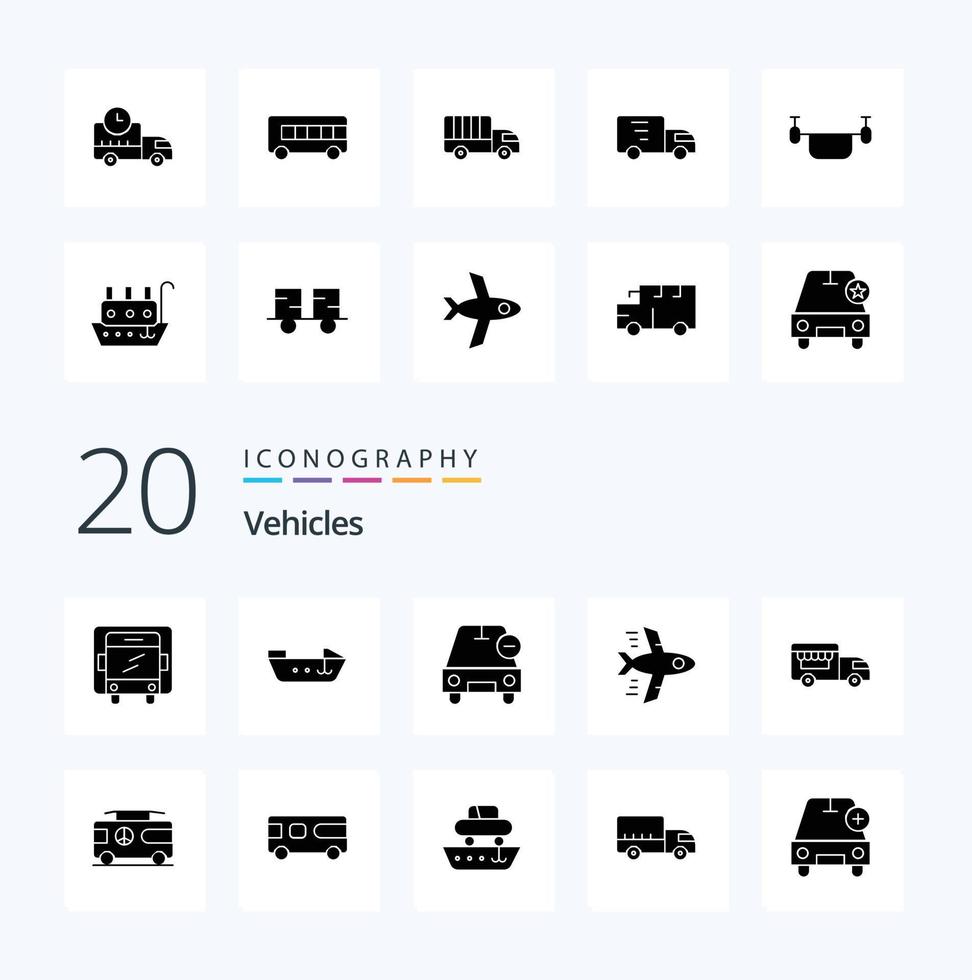 20 Vehicles Solid Glyph icon Pack like combo shop on wheels less ice cream flying vector