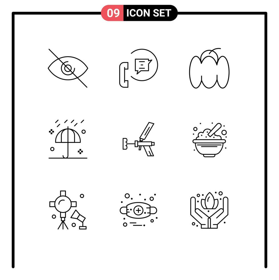 conjunto de 9 iconos modernos de la interfaz de usuario signos de símbolos para la campana del paraguas de la pistola de espuma elementos de diseño vectorial editables de otoño de acción de gracias vector