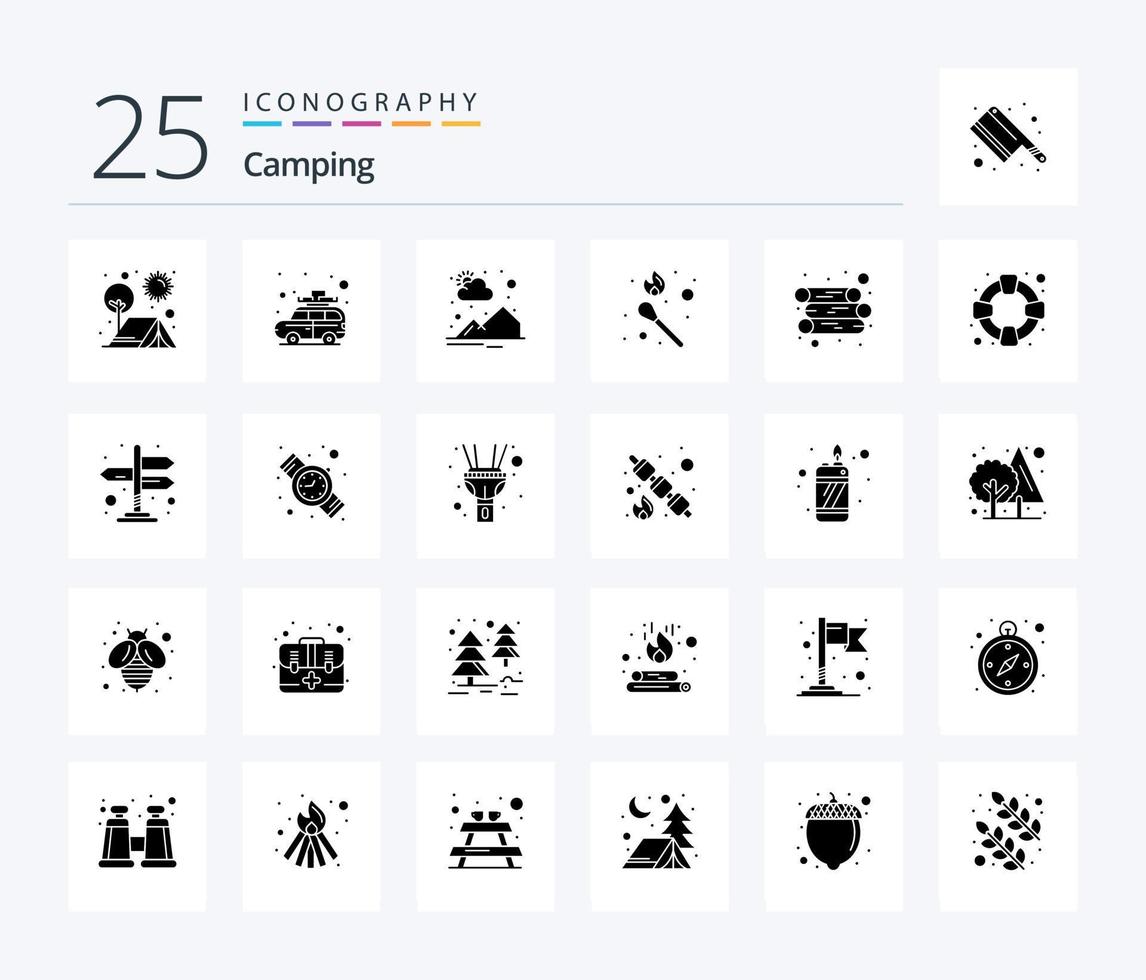 Camping 25 Solid Glyph icon pack including energy. match. bus. flame. sun rise vector