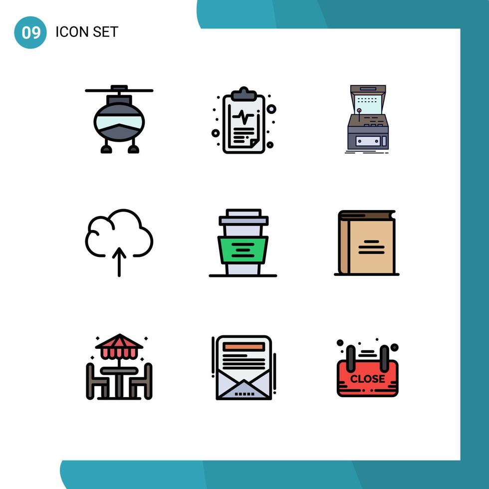 Modern Set of 9 Filledline Flat Colors and symbols such as cafe upload arcade data play Editable Vector Design Elements