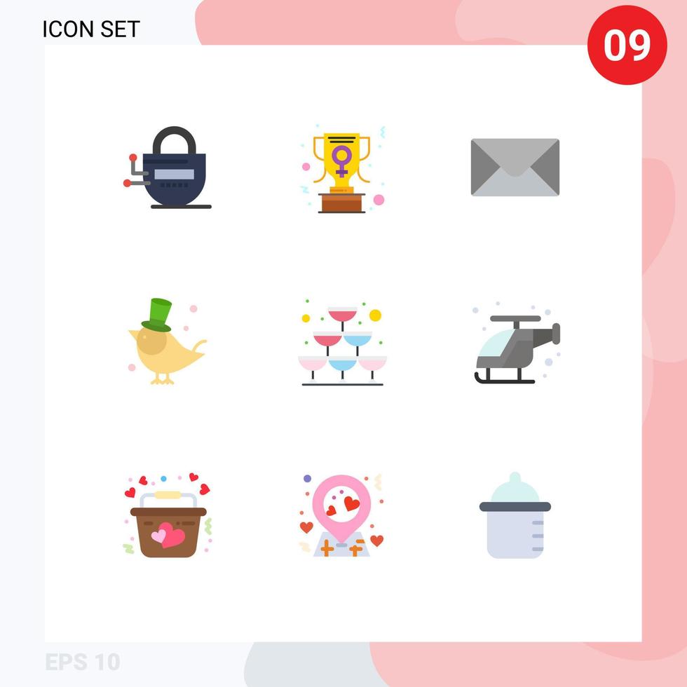 User Interface Pack of 9 Basic Flat Colors of party sparkling mail glass pet Editable Vector Design Elements
