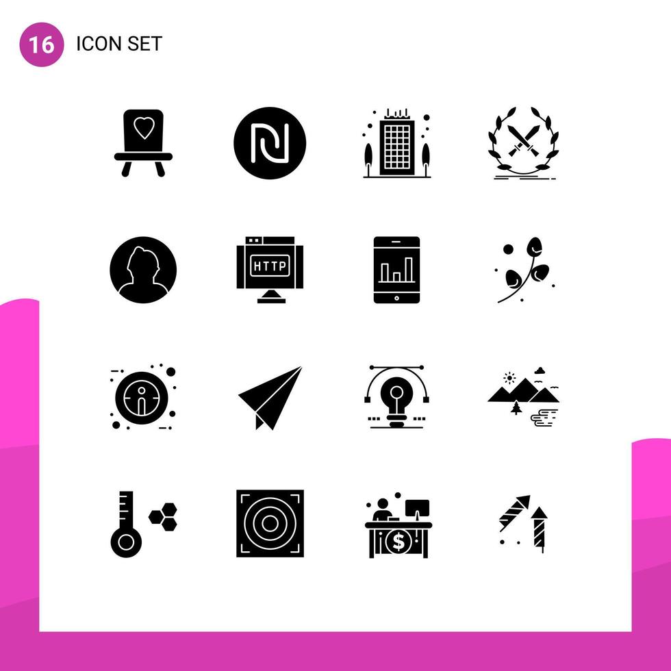 User Interface Pack of 16 Basic Solid Glyphs of round avatar office swords game Editable Vector Design Elements