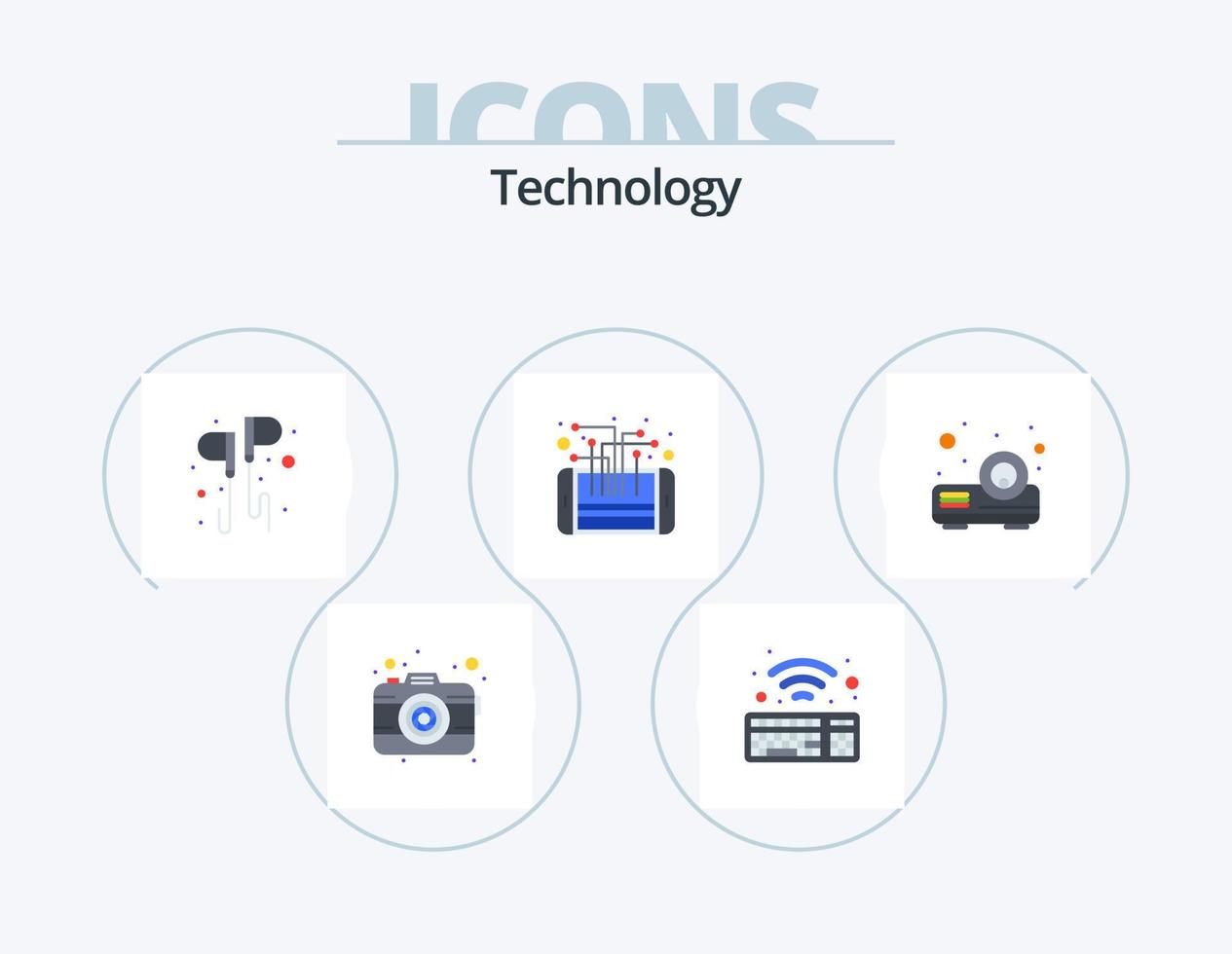 paquete de iconos planos de tecnología 5 diseño de iconos. proyector procesador. mano. teléfono. circuito vector