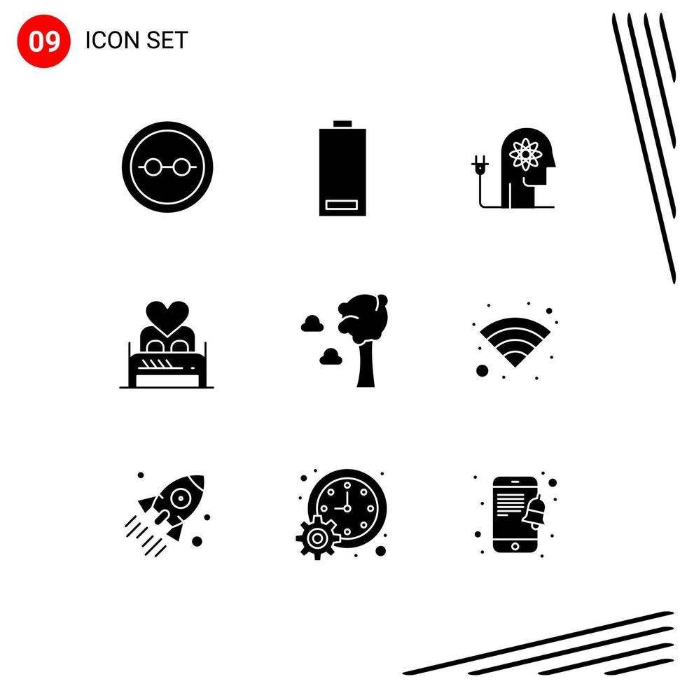 Group of 9 Modern Solid Glyphs Set for lover bed energy mind boosting Editable Vector Design Elements