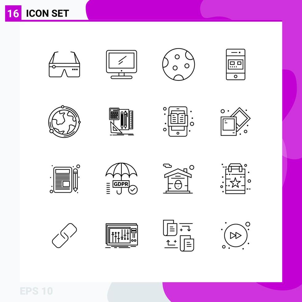 16 Universal Outlines Set for Web and Mobile Applications online bank imac weather night Editable Vector Design Elements