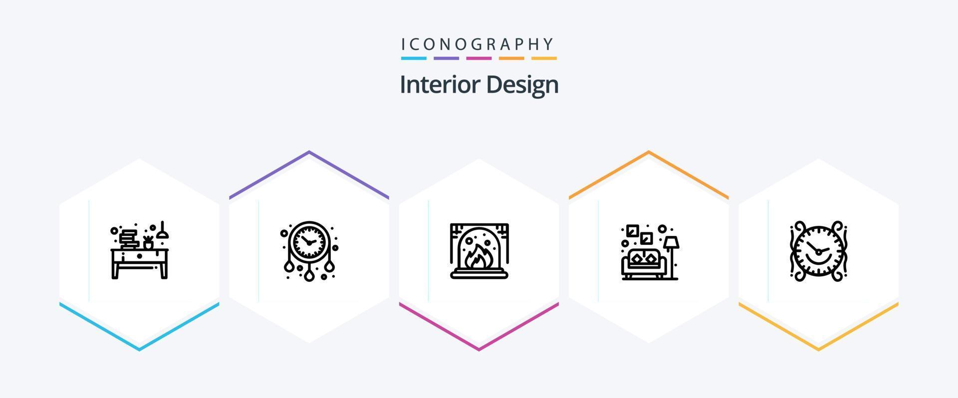 Interior Design 25 Line icon pack including watch. clock. decorate house. sofa. couch vector