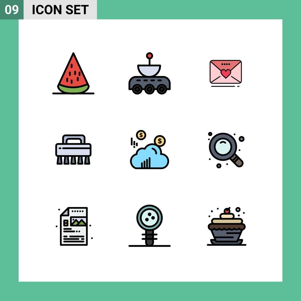 User Interface Pack of 9 Basic Filledline Flat Colors of cloud cleaning signal brush weddind Editable Vector Design Elements