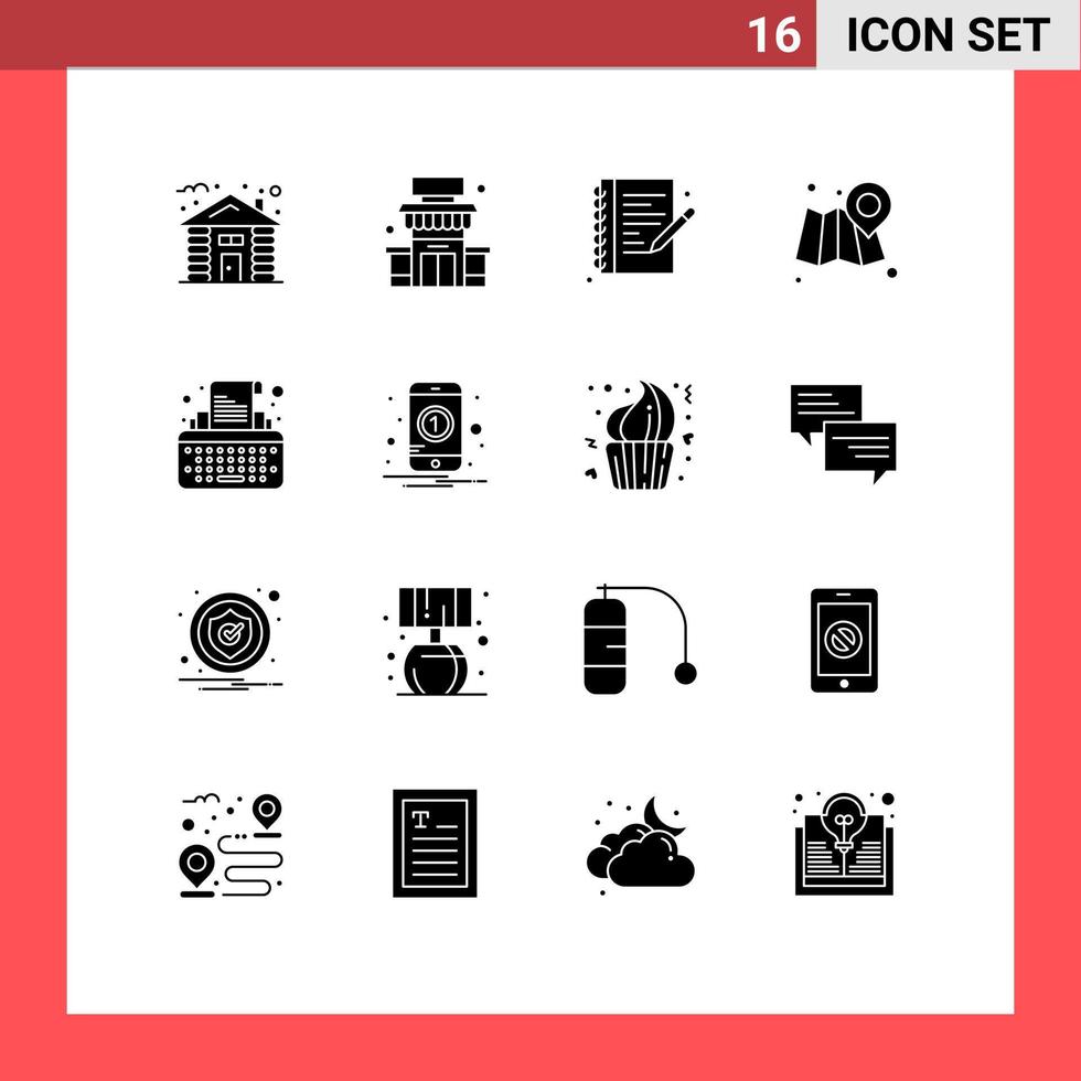 16 Thematic Vector Solid Glyphs and Editable Symbols of typewriter keys hobbies map web Editable Vector Design Elements