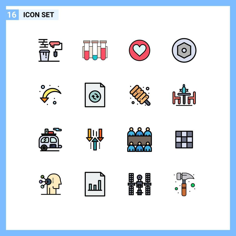 16 User Interface Flat Color Filled Line Pack of modern Signs and Symbols of refresh nut laboratory internal favorite Editable Creative Vector Design Elements