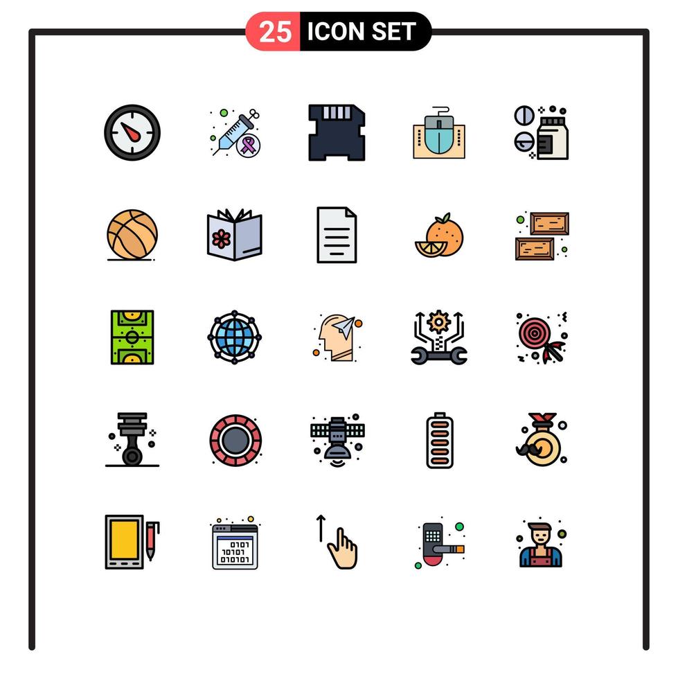 User Interface Pack of 25 Basic Filled line Flat Colors of wellness healthcare memory drug hardware Editable Vector Design Elements