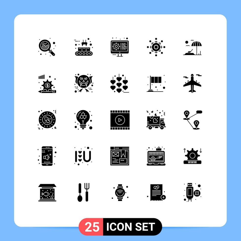 25 Thematic Vector Solid Glyphs and Editable Symbols of beach team coding connect network Editable Vector Design Elements
