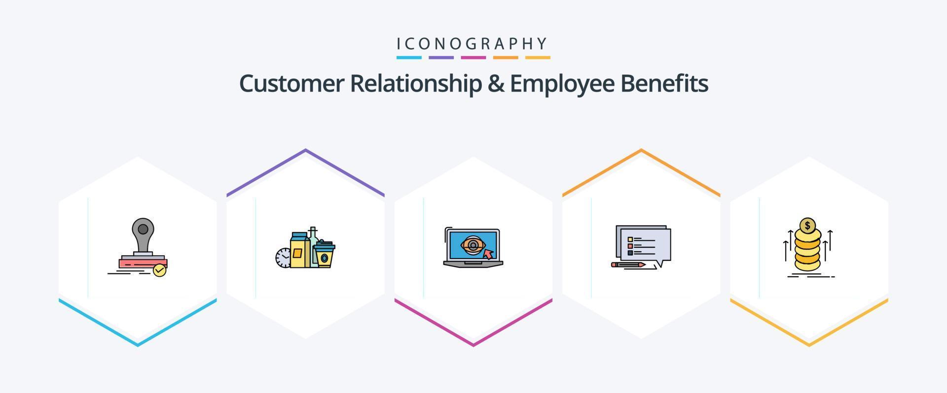 Customer Relationship And Employee Benefits 25 FilledLine icon pack including money. message. coffee. sms. presentation vector