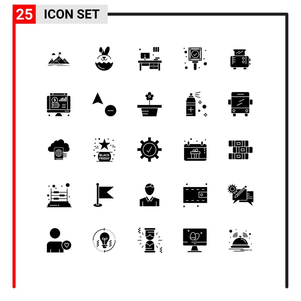 Editable Vector Line Pack of 25 Simple Solid Glyphs of toast ok robbit mark workplace Editable Vector Design Elements