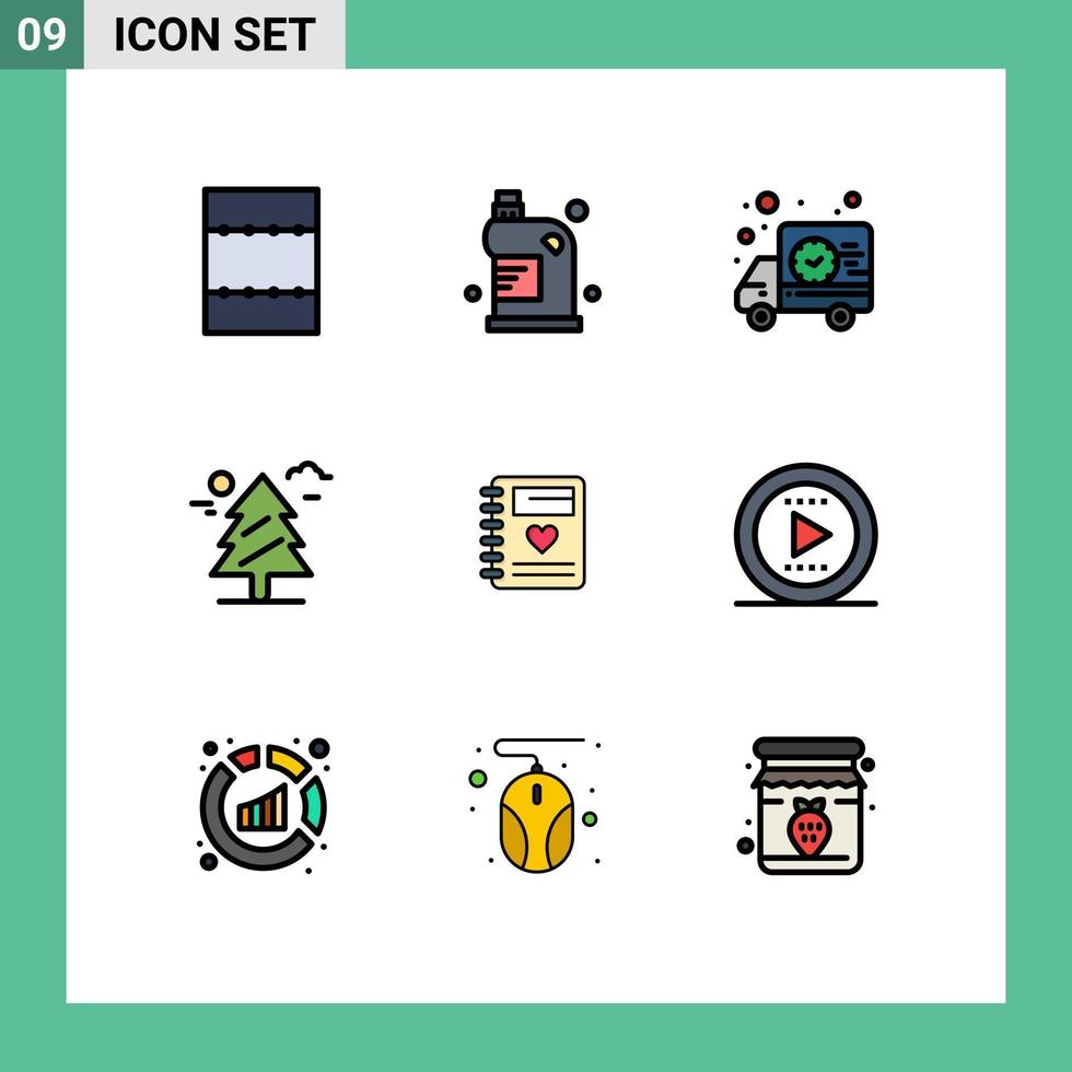 9 User Interface Filledline Flat Color Pack of modern Signs and Symbols of heart notebook shipping canada tree Editable Vector Design Elements