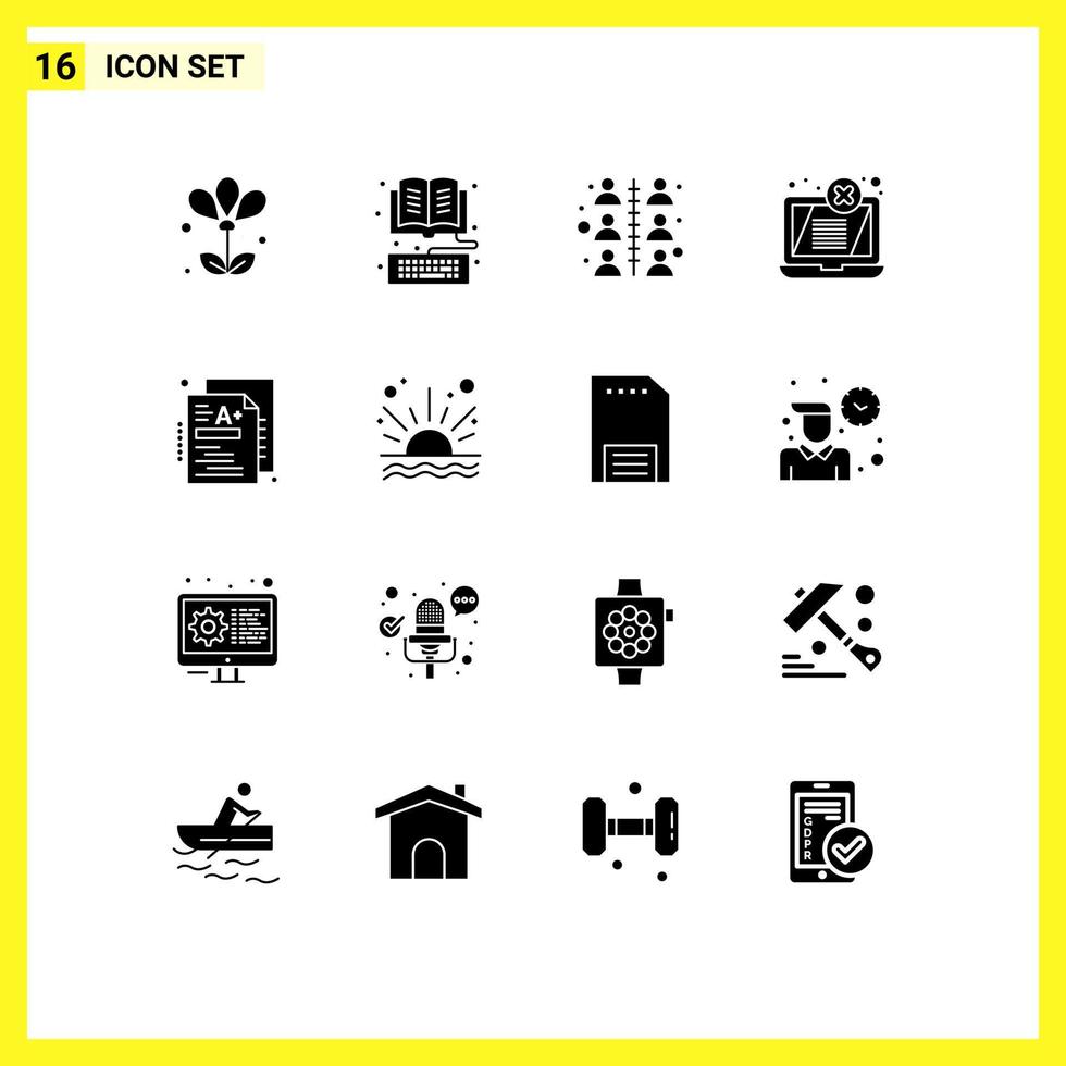 Mobile Interface Solid Glyph Set of 16 Pictograms of test laptop online error work Editable Vector Design Elements