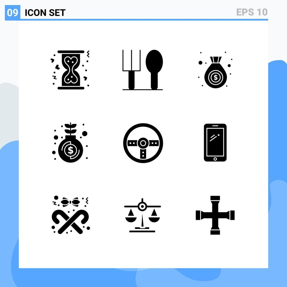 Modern Set of 9 Solid Glyphs Pictograph of wheel device finance controller money Editable Vector Design Elements