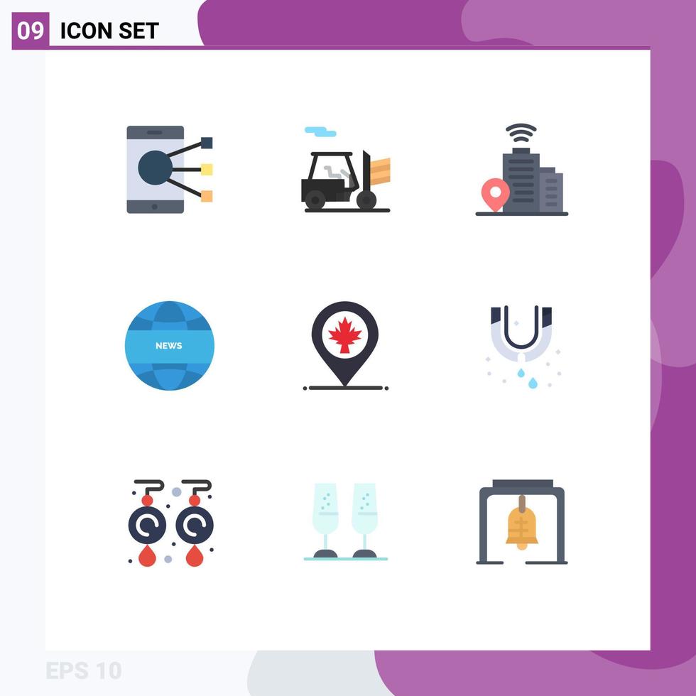 Modern Set of 9 Flat Colors and symbols such as leaf location building map global news Editable Vector Design Elements