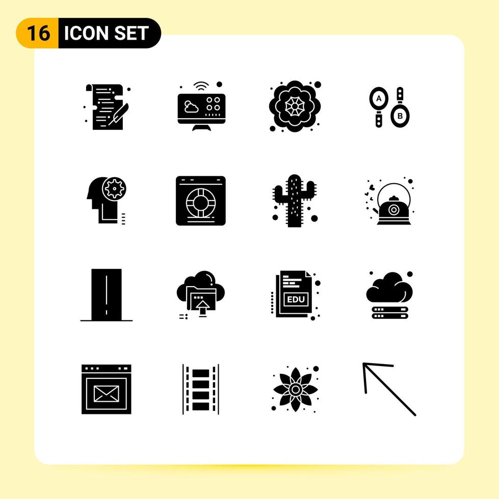Modern Set of 16 Solid Glyphs Pictograph of gear brainstorming decorative computing search Editable Vector Design Elements
