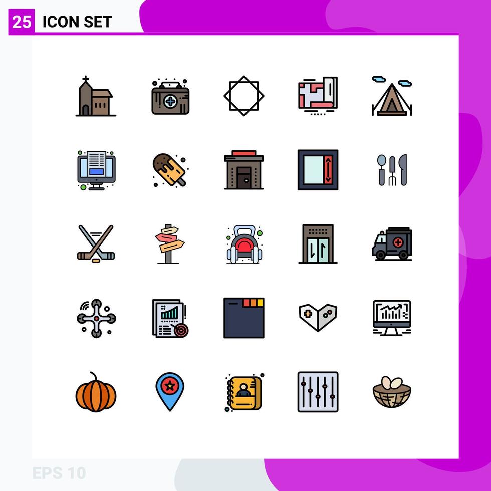 Group of 25 Modern Filled line Flat Colors Set for beach tent map medical emergency location warning Editable Vector Design Elements
