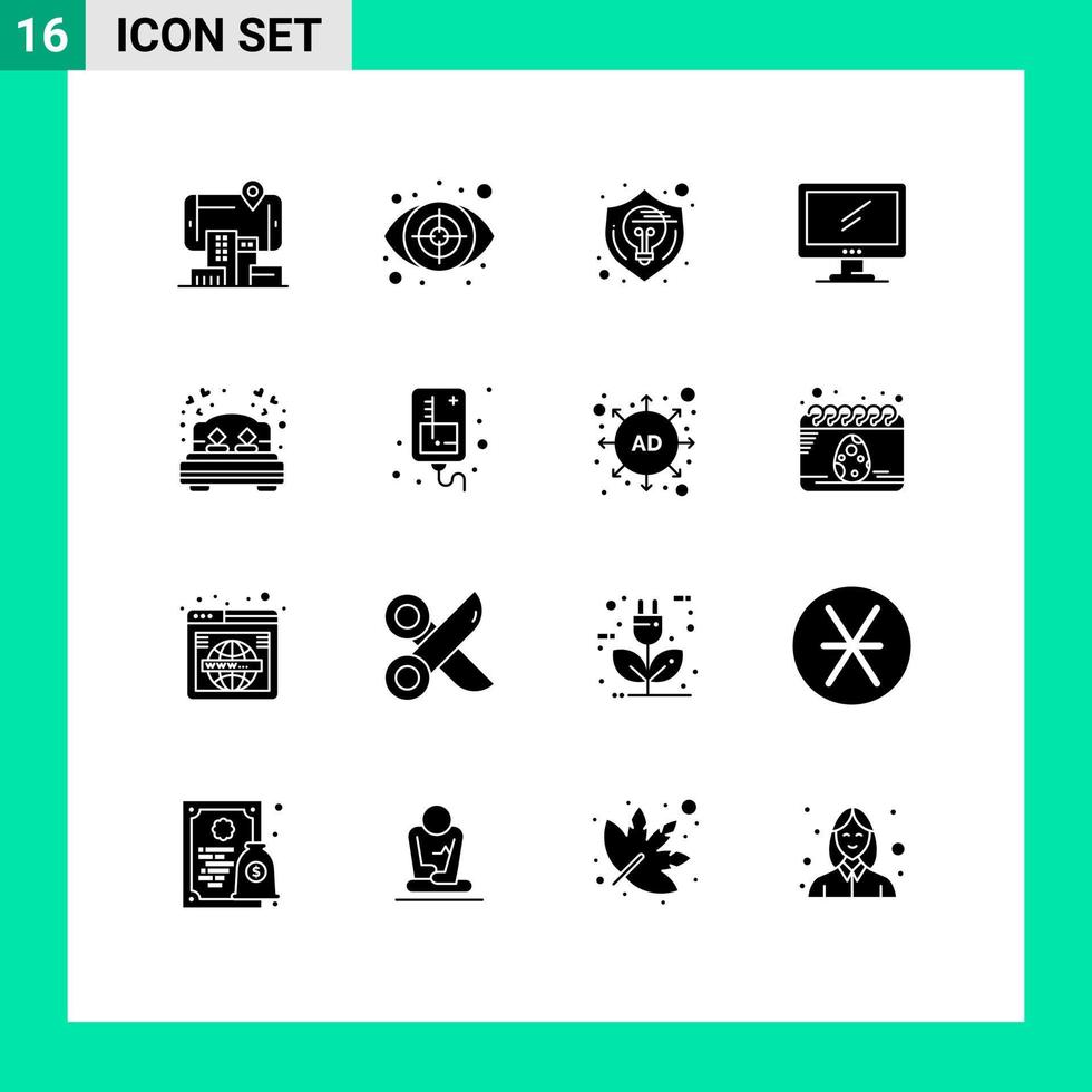 Group of 16 Modern Solid Glyphs Set for pc device creative monitor thinking Editable Vector Design Elements