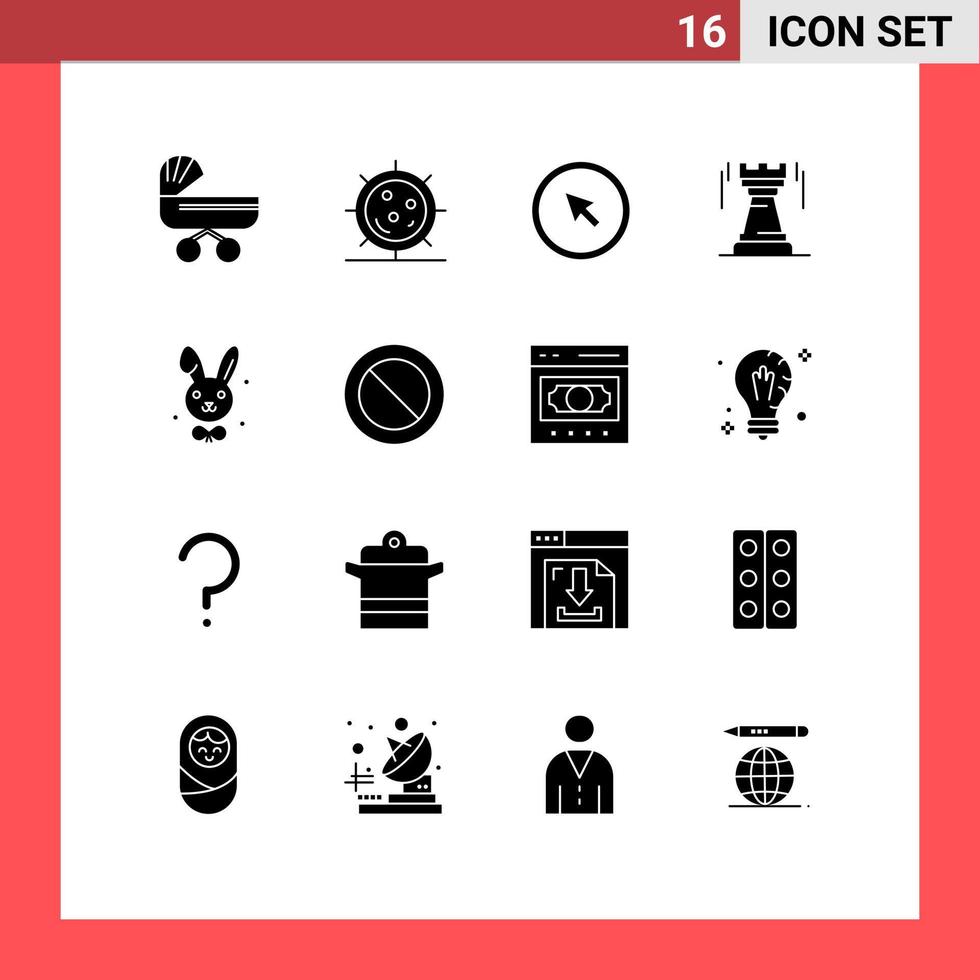 Mobile Interface Solid Glyph Set of 16 Pictograms of strategy castle health pointer mouse Editable Vector Design Elements