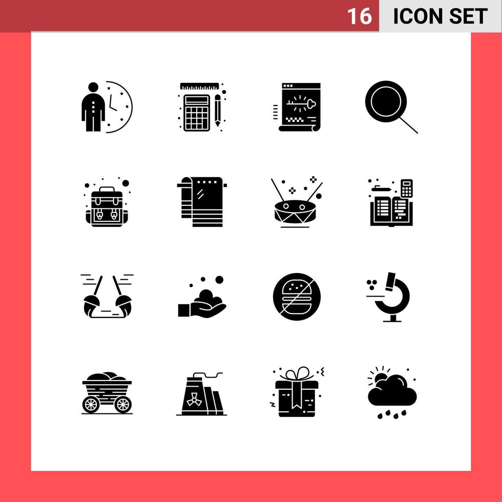 Pack of 16 Modern Solid Glyphs Signs and Symbols for Web Print Media such as camp zoom calculation search document Editable Vector Design Elements