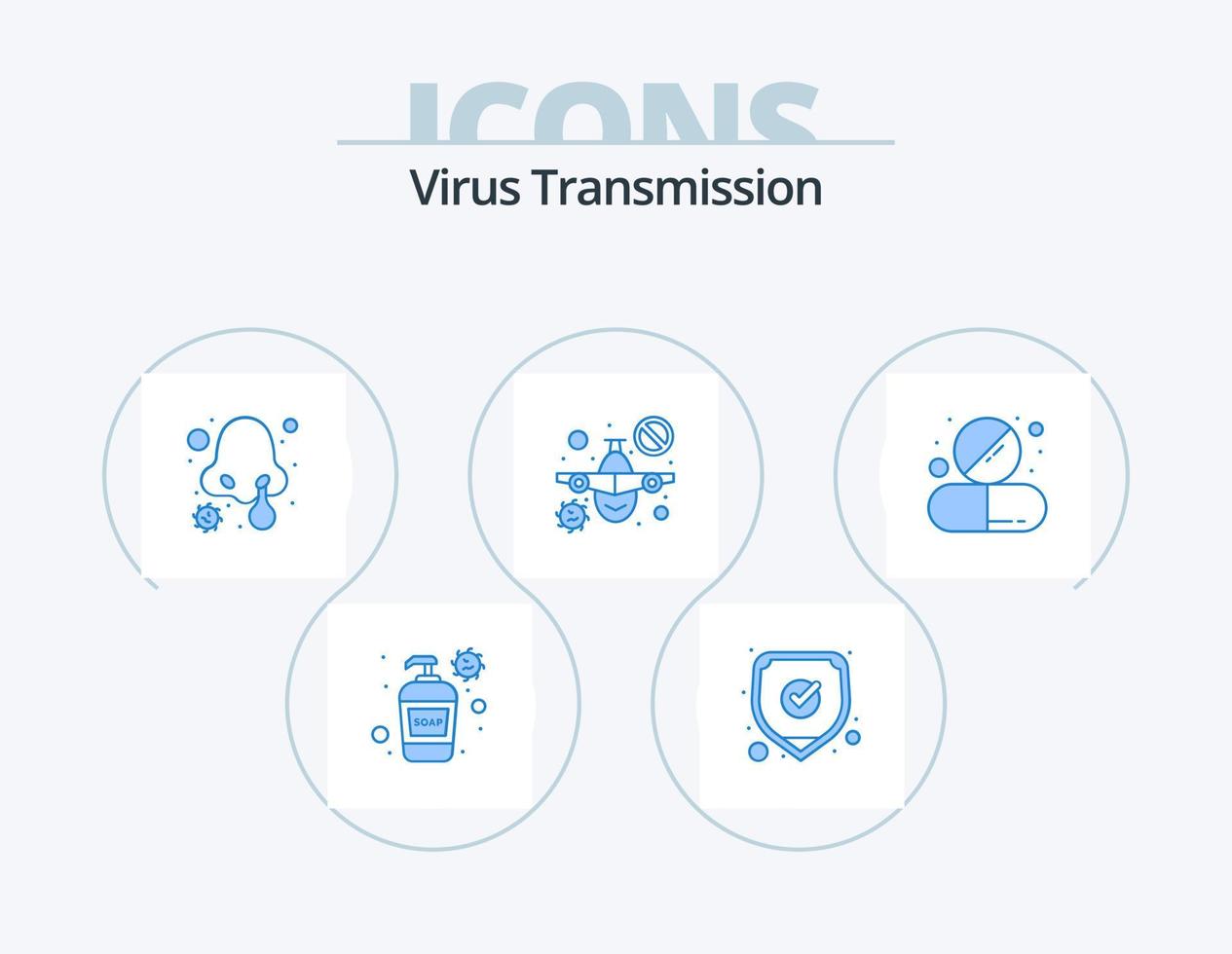 paquete de iconos azules de transmisión de virus 5 diseño de iconos. droga. advertencia. frío. viajar. avión vector