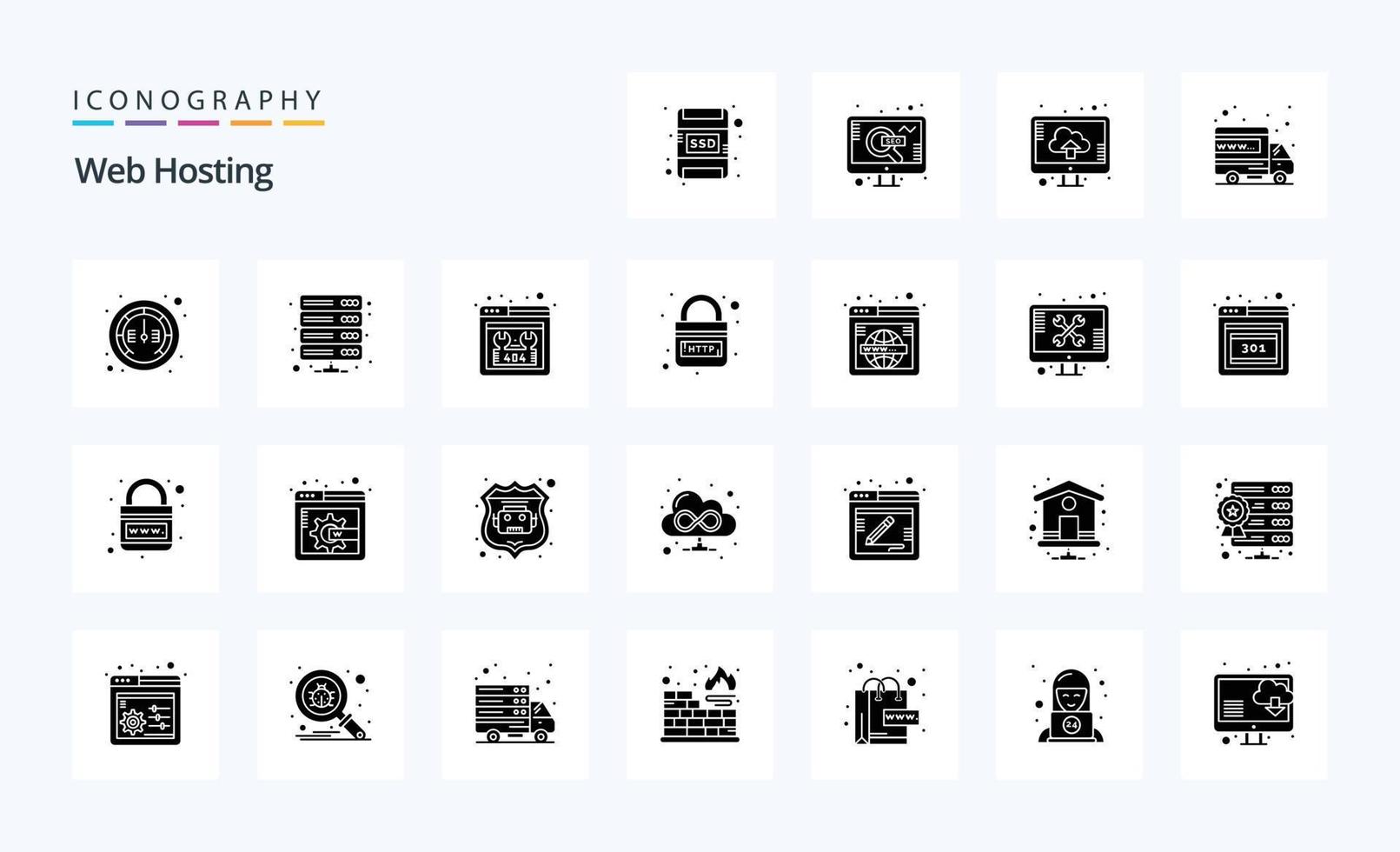 paquete de iconos de glifos sólidos de alojamiento web de 25 vector