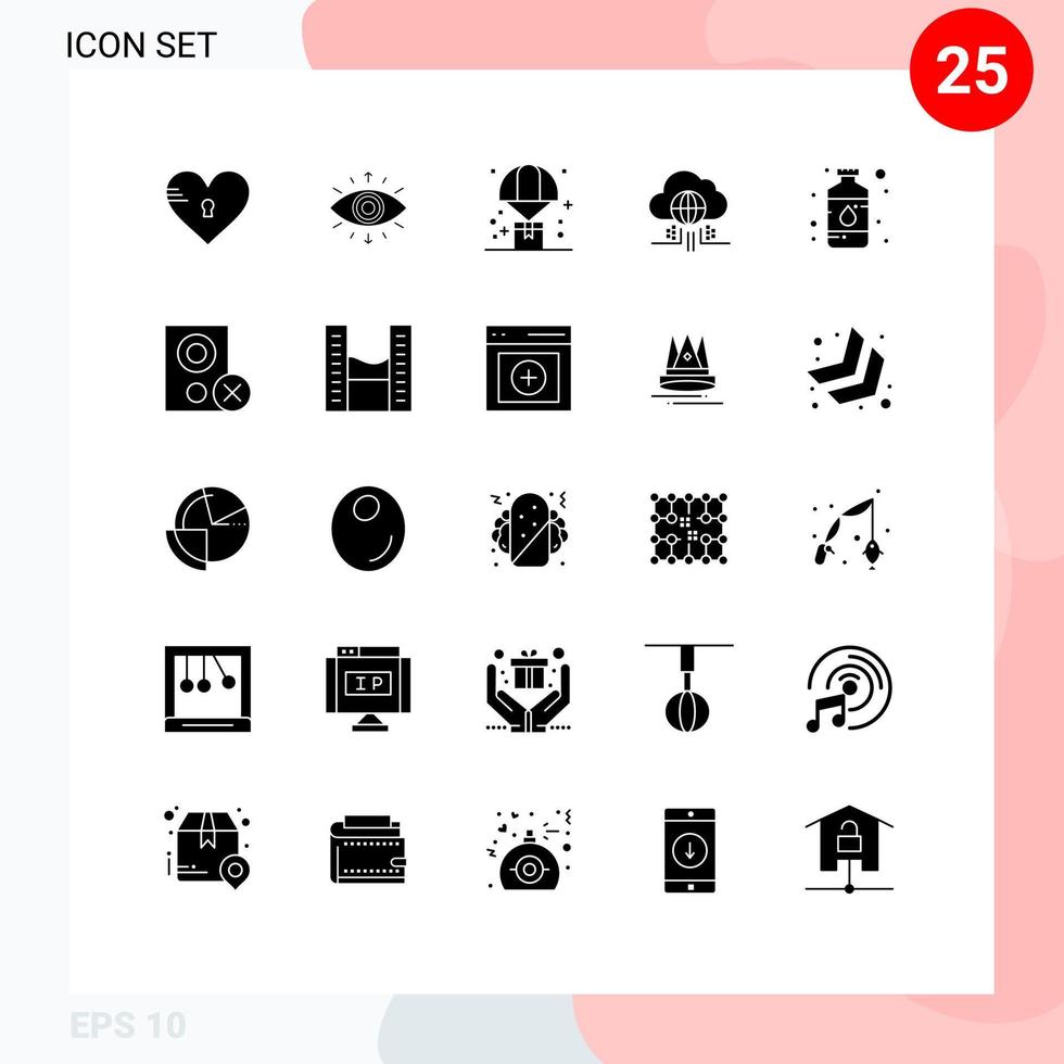interfaz móvil conjunto de glifos sólidos de 25 pictogramas de tecnología creo que miembro internet paracaídas elementos de diseño vectorial editables vector