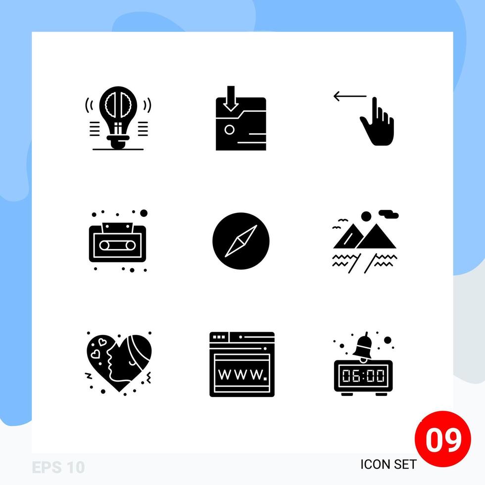 Set of 9 Vector Solid Glyphs on Grid for compass tape finger cassette audio Editable Vector Design Elements