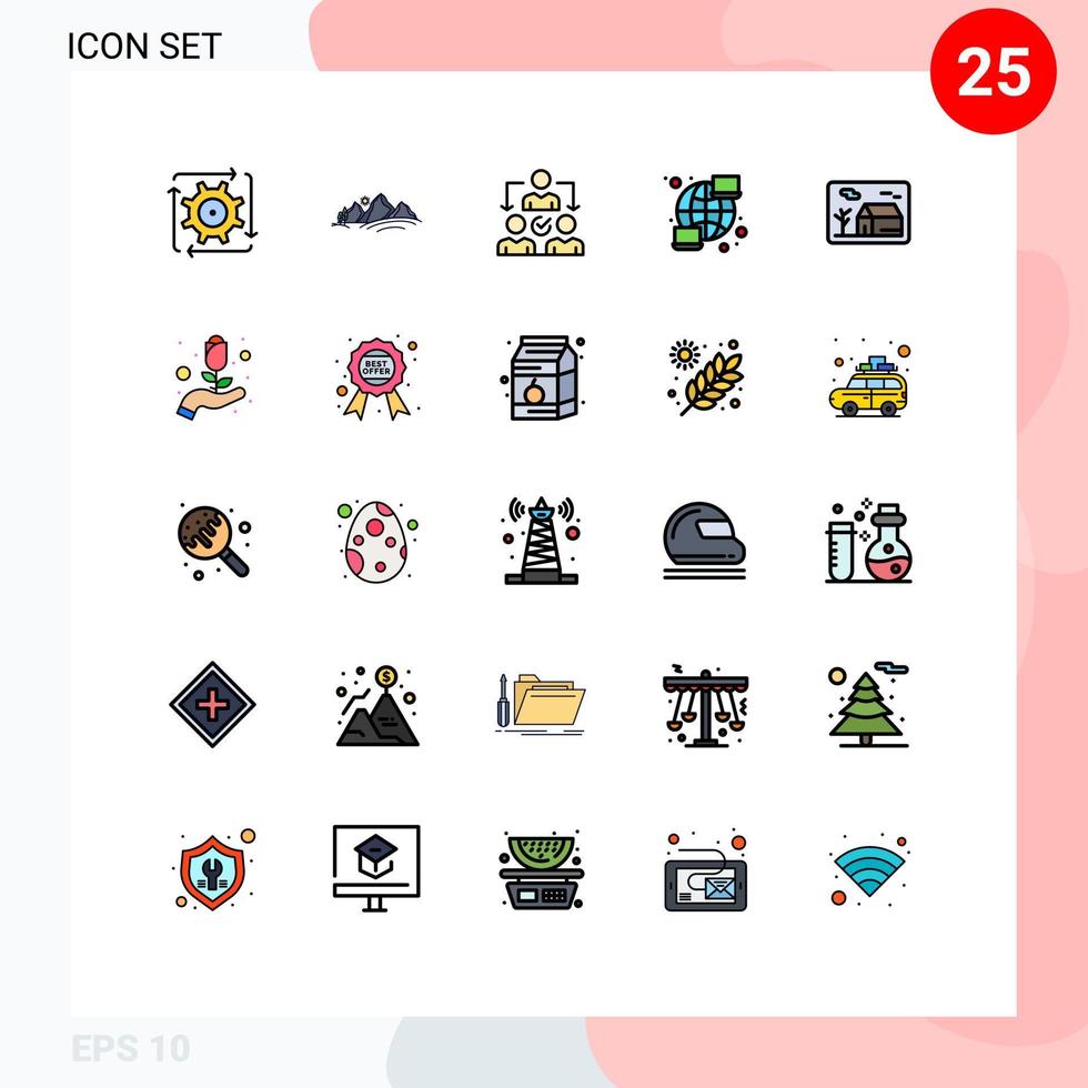 Pack of 25 creative Filled line Flat Colors of streamline computer mountain global delegating Editable Vector Design Elements