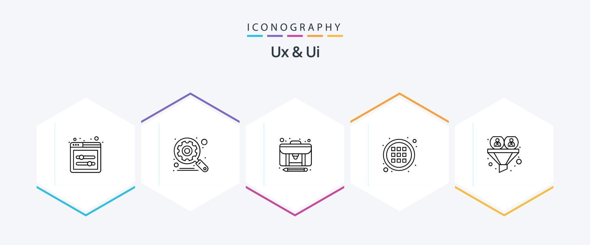Ux And Ui 25 Line icon pack including help problem. filter. content. conversion. menu vector
