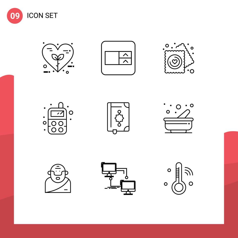 Group of 9 Outlines Signs and Symbols for islam quran heart toy baby Editable Vector Design Elements