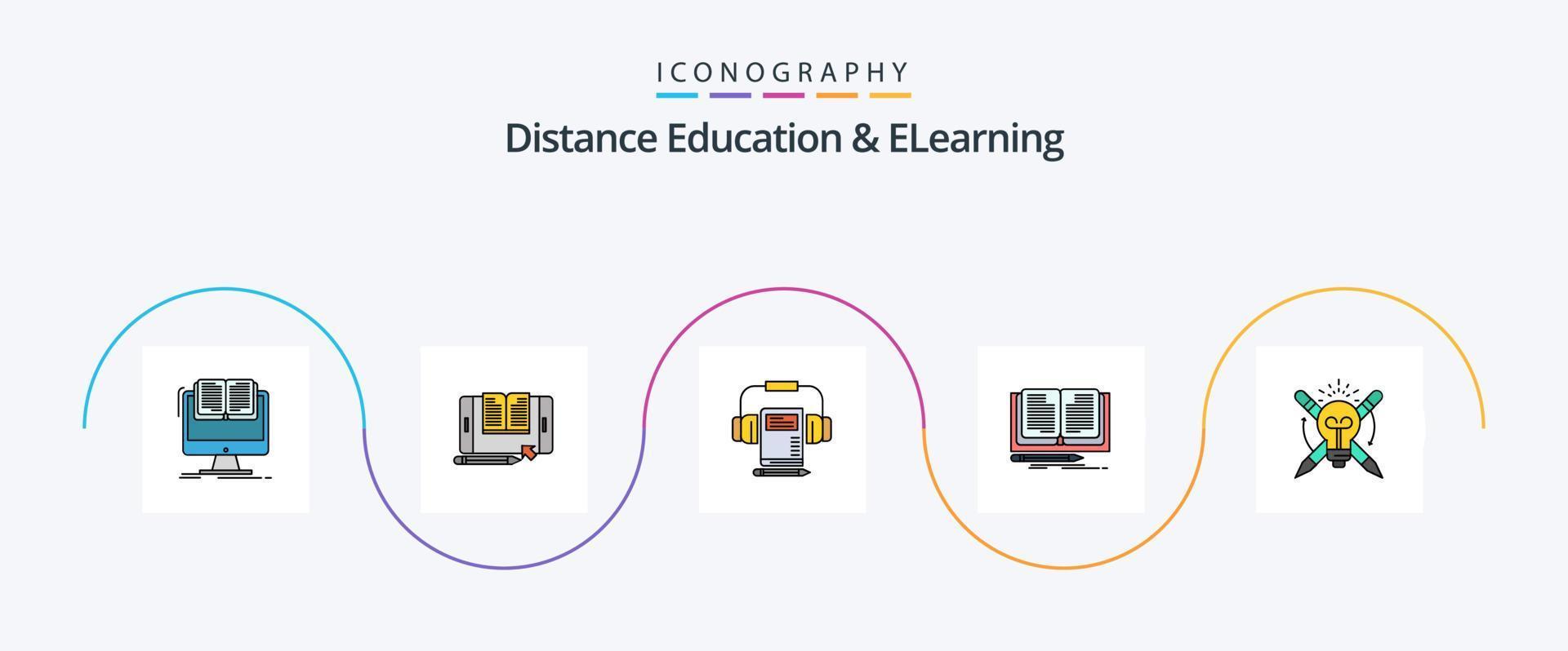 Distance Education And Elearning Line Filled Flat 5 Icon Pack Including story. novel. tablet. writing. headphone vector