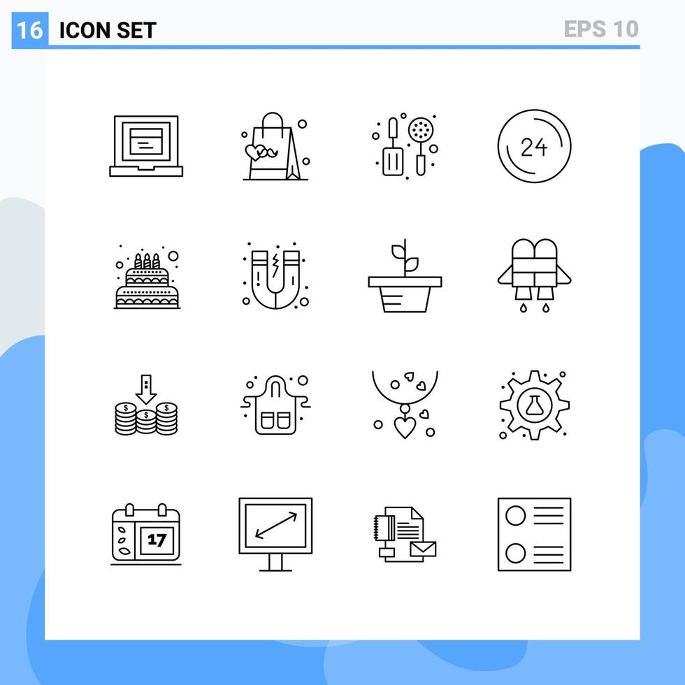 Group of 16 Modern Outlines Set for wedding cake skimmer contact us clock Editable Vector Design Elements