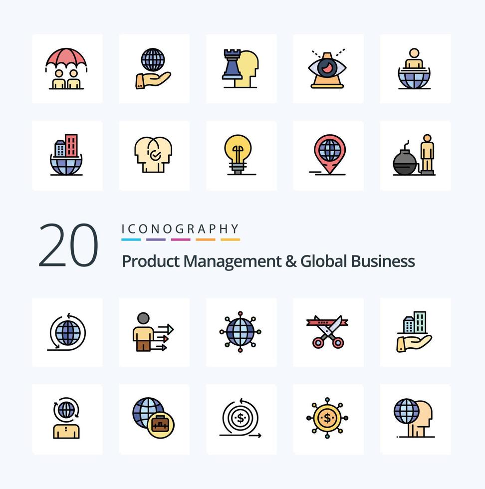 20 Product Managment And Global Business Line Filled Color icon Pack like modern architecture connections opening ceremony vector