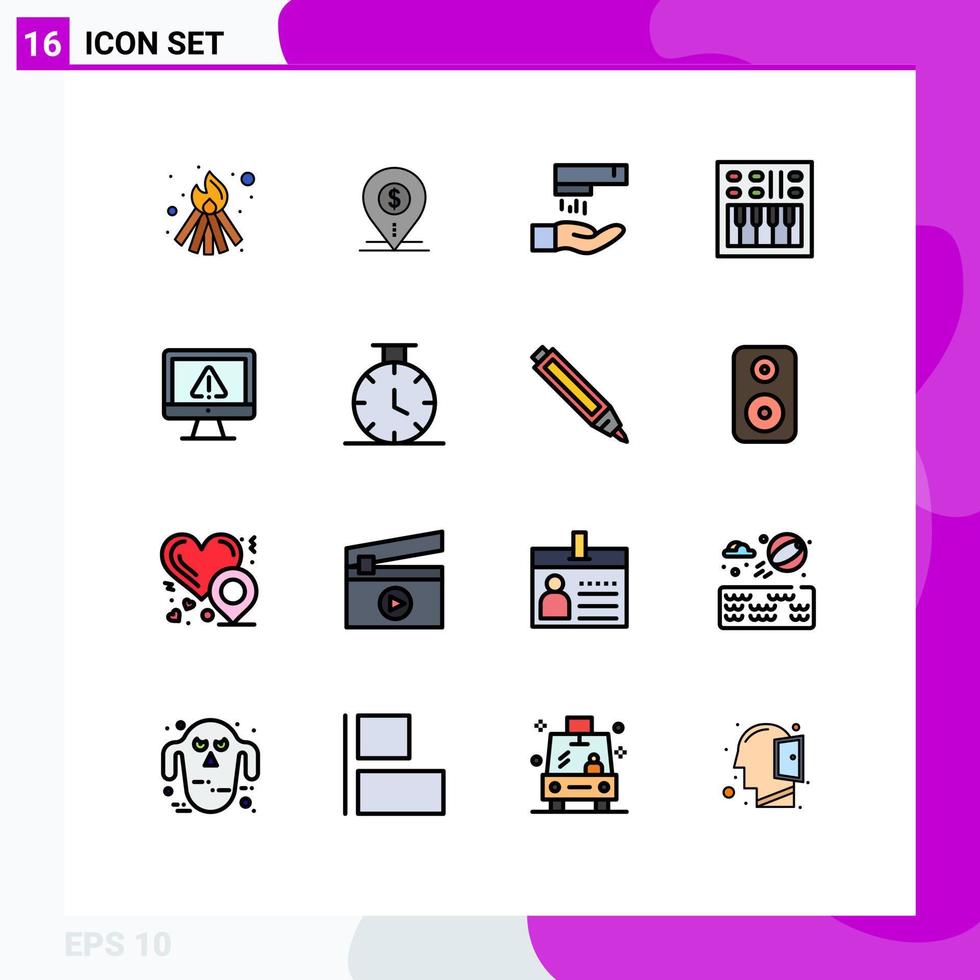Modern Set of 16 Flat Color Filled Lines and symbols such as computer speaker business open volume amplifier Editable Creative Vector Design Elements