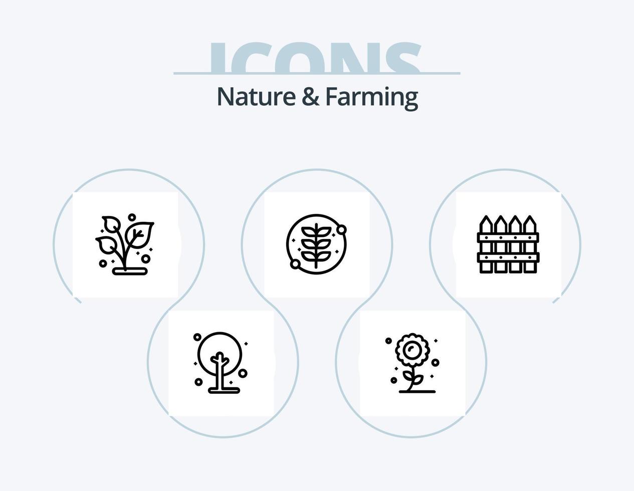 naturaleza y agricultura línea icon pack 5 diseño de iconos. rural. personaje. granja. planta. lámina vector
