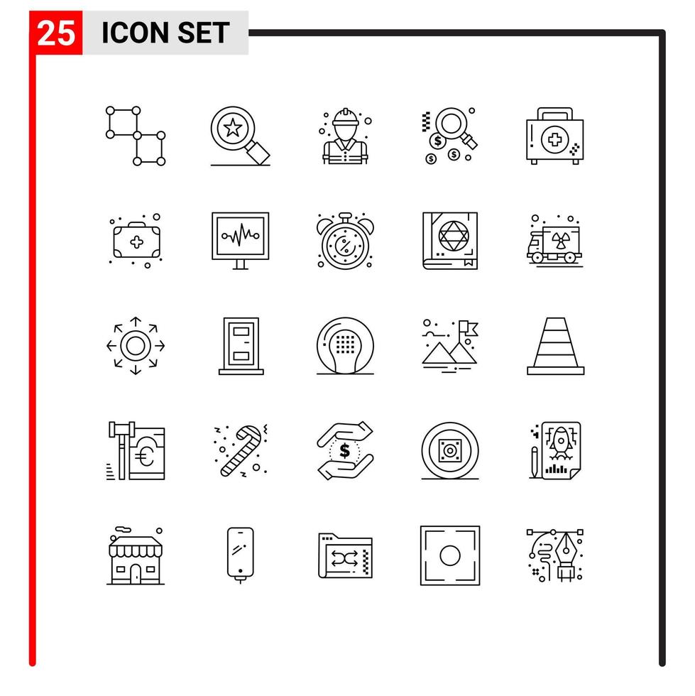 Pack of 25 creative Lines of first box fire aid search Editable Vector Design Elements