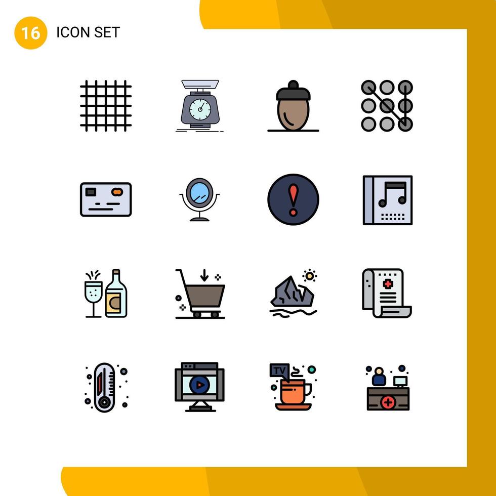 Pictogram Set of 16 Simple Flat Color Filled Lines of credit card pattern volume lock fruits Editable Creative Vector Design Elements