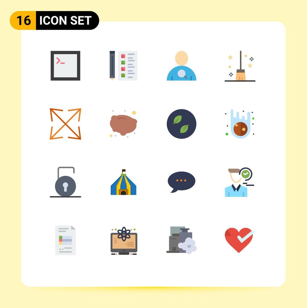 paquete de color plano de interfaz de usuario de 16 de signos y símbolos modernos de zoom flecha empleado bruja escoba palo de escoba paquete editable de elementos creativos de diseño de vectores